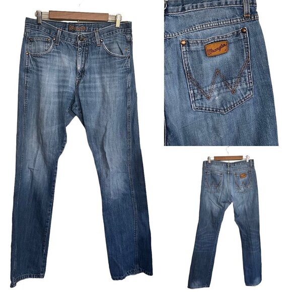 Wrangler Mens Dark Wash W Embroidered Pocket Whiskered Straight Leg Jeans 32 34 - Picture 1 of 11